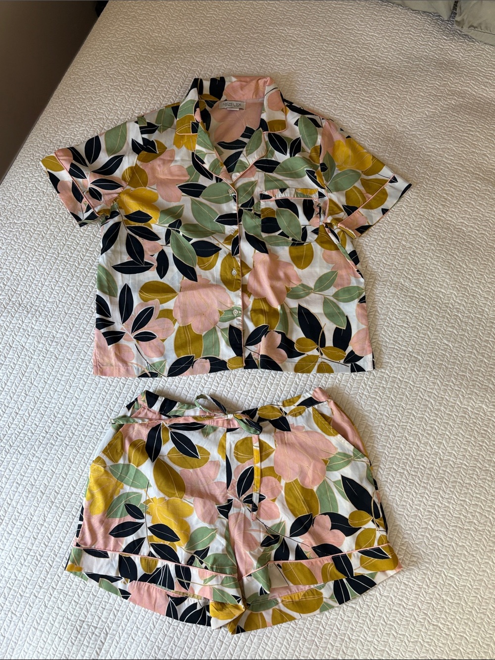 Floral Leaf Short Pajama Set in Pink, Green & Yellow - Brand: Rachel Zoe
